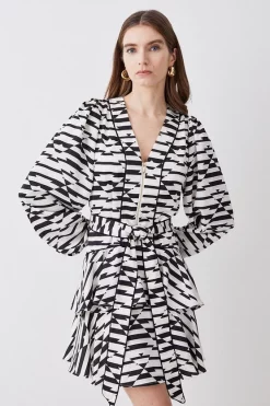 Outlet 🧨 Karen Millen Geo Print Satin Piped Tiered Belted Mini 👗 Dress ✔️ -Karen Millen Outlet store womens geo geo print satin piped tiered belted mini dress