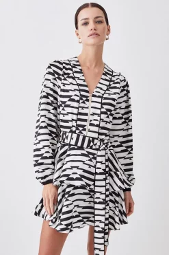 Cheap 🔥 Karen Millen Petite Geo Print Satin Piped Tiered Belted Mini 👗 Dress ⌛ -Karen Millen Outlet store womens geo petite geo print satin piped tiered belted mini dress