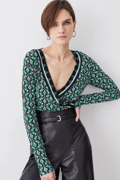 Deals ✔️ Karen Millen Printed Wrap Front Long Sleeve Viscose Blend Jersey Top - geo 👍 -Karen Millen Outlet store womens geo printed wrap front long sleeve viscose blend jersey top