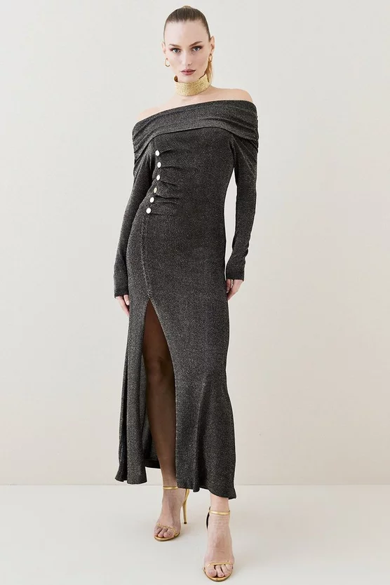 Best Sale 🌟 Karen Millen Sparkle Slinky Knit Drape Bardot Midaxi 👗 Dress - gold 🥰 7 Best Sale 🌟 Karen Millen Sparkle Slinky Knit Drape Bardot Midaxi 👗 Dress - gold 🥰 - Image 5