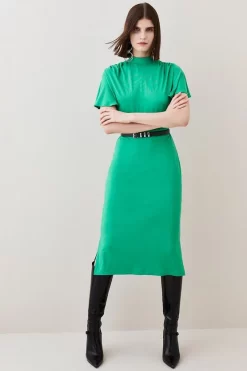 Outlet ⌛ Karen Millen Belted Angel Sleeve Viscose Blend Jersey Midi 👗 Dress ✔️ -Karen Millen Outlet store womens green belted angel sleeve viscose blend jersey midi dress