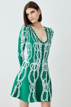 Wholesale ⌛ Karen Millen Chain Jacquard Knit Long Sleeve Mini Skater 👗 Dress - green 🔥 -Karen Millen Outlet store womens green chain jacquard knit long sleeve mini skater dress