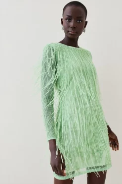 Budget ❤️ Karen Millen Crystal Embellished Fringed Mini 👗 Dress - green 👍 -Karen Millen Outlet store womens green crystal embellished fringed mini dress