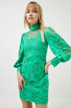 Wholesale 😍 Karen Millen Cutwork Volume Sleeve Woven Mini 👗 Dress - green 🧨 -Karen Millen Outlet store womens green cutwork volume sleeve woven mini dress