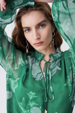 Buy 🤩 Karen Millen Floral Bloom Shirred Detail Woven Blouse - green 🥰 -Karen Millen Outlet store womens green floral bloom shirred detail woven blouse