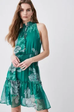 Coupon ❤️ Karen Millen Floral Bloom Shirred Halter Woven Mini 👗 Dress - green ❤️ -Karen Millen Outlet store womens green floral bloom shirred halter woven mini dress
