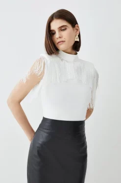 Discount 🎉 Karen Millen Fringe Trim High Neck Ponte Top 👍 -Karen Millen Outlet store womens green fringe trim high neck ponte top