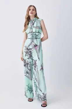 Outlet ⭐ Karen Millen 🔨 Hammered Satin Woven Twist Neck Jumpsuit - green 😀 -Karen Millen Outlet store womens green hammered satin woven twist neck jumpsuit