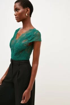 Wholesale 🌟 Karen Millen Lace V Neck Jersey Bodysuit ❤️ -Karen Millen Outlet store womens green lace v neck jersey bodysuit 1
