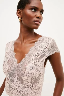 Wholesale 🌟 Karen Millen Lace V Neck Jersey Bodysuit ❤️ -Karen Millen Outlet store womens green lace v neck jersey bodysuit 2