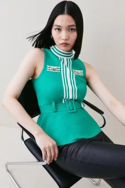 Brand new 🌟 Karen Millen Milano Knit Belted Peplum Top 🔔 -Karen Millen Outlet store womens green milano knit belted peplum top 1