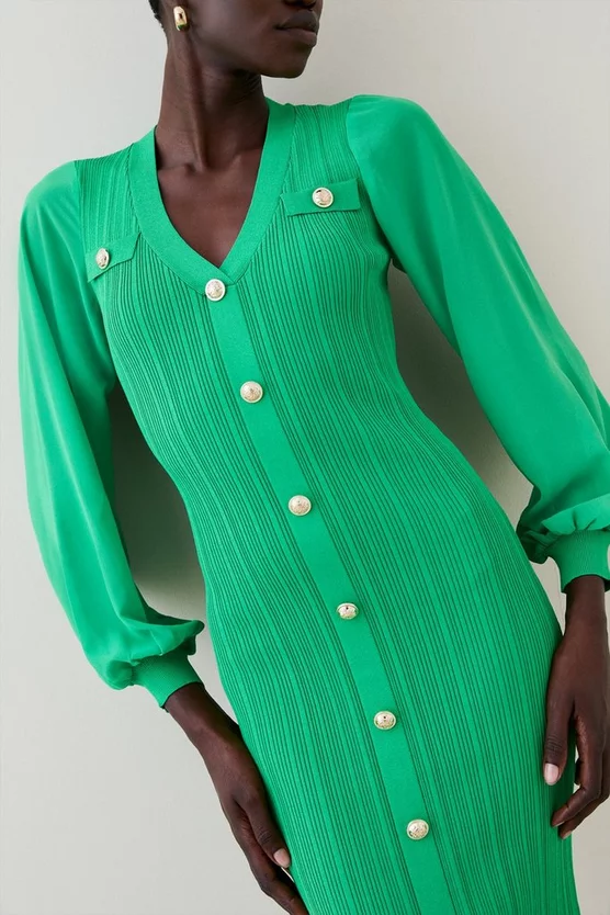 Outlet ❤️ Karen Millen Military Rib Knit Georgette Sleeve Midi 👗 Dress ✔️ 8 Outlet ❤️ Karen Millen Military Rib Knit Georgette Sleeve Midi 👗 Dress ✔️ - Image 6