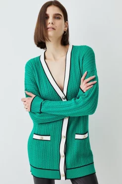 Top 10 😉 Karen Millen Military Style Cable Knit Long Cardigan - green ⭐ -Karen Millen Outlet store womens green military style cable knit long cardigan