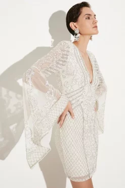 Budget 😍 Karen Millen Embellished Kimono Sleeve Beaded Mini 👗 Dress - iridescent 😀 -Karen Millen Outlet store womens iridescent embellished kimono sleeve beaded mini dress