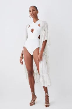 Promo 😀 Karen Millen Beach Drama Maxi Ruffle Kimono - ivory 🥰 -Karen Millen Outlet store womens ivory beach drama maxi ruffle kimono