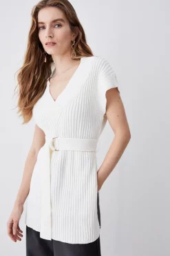 New 😉 Karen Millen Belted Knitted Sleeveless V-neck Tabard - ivory 🎁 -Karen Millen Outlet store womens ivory belted knitted sleeveless v neck tabard