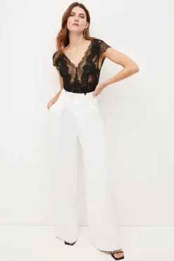 Budget 🤩 Karen Millen Compact Stretch High Waist Wide Leg Trouser 🔥 -Karen Millen Outlet store womens ivory compact stretch high waist wide leg trouser 1