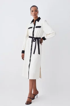 Best deal ✔️ Karen Millen Contrast Twill Trimmed Midi 👚 Shirt 👗 Dress - ivory 🥰 -Karen Millen Outlet store womens ivory contrast twill trimmed midi shirt dress
