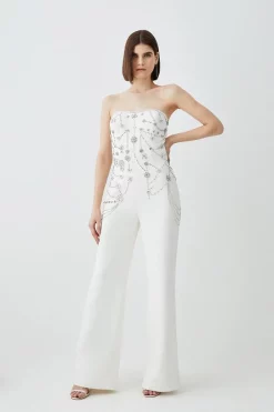 Outlet ⭐ Karen Millen Crystal Embellished Woven Jumpsuit - ivory ⌛ -Karen Millen Outlet store womens ivory crystal embellished woven jumpsuit