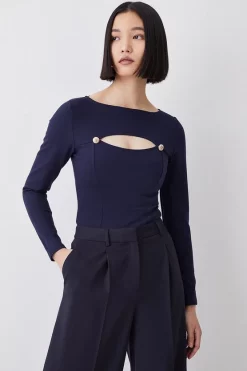 Deals ❤️ Karen Millen Cut Out Gold Trim Long Sleeve Ponte Top 🧨 -Karen Millen Outlet store womens ivory cut out gold trim long sleeve ponte top 1