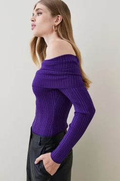 Cheapest 🎁 Karen Millen Deep Bardot Rib Knit Jumper 🔥 -Karen Millen Outlet store womens ivory deep bardot rib knit jumper 1
