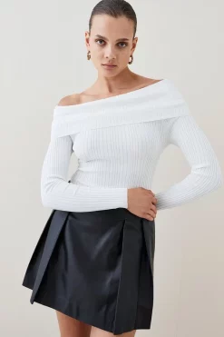 Cheapest 🎁 Karen Millen Deep Bardot Rib Knit Jumper 🔥 -Karen Millen Outlet store womens ivory deep bardot rib knit jumper