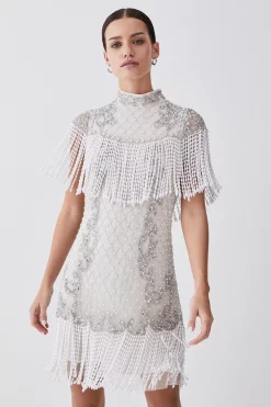 Brand new 🎉 Karen Millen Petite Pearl Embellished Fringed Woven Mini 👗 Dress - ivory 😍 -Karen Millen Outlet store womens ivory petite pearl embellished fringed woven mini dress