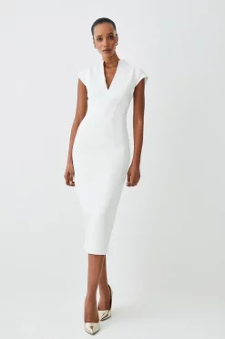 Brand new 🎉 Karen Millen Petite Structured Crepe Forever Midi 👗 Dress - ivory ✔️ -Karen Millen Outlet store womens ivory petite structured crepe forever midi dress