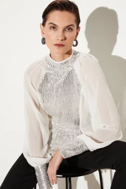 Best reviews of ⭐ Karen Millen Sequin Panelled Georgette Blouse 👍 -Karen Millen Outlet store womens ivory sequin panelled georgette blouse