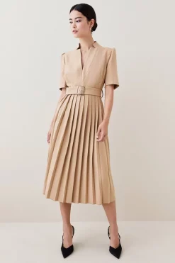 Hot Sale 🎉 Karen Millen Structured Crepe Forever Pleat Belted Midi 👗 Dress ✨ -Karen Millen Outlet store womens ivory structured crepe forever pleat belted midi dress 3