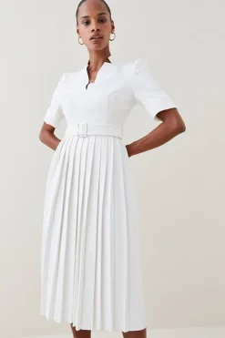 Hot Sale 🎉 Karen Millen Structured Crepe Forever Pleat Belted Midi 👗 Dress ✨ -Karen Millen Outlet store womens ivory structured crepe forever pleat belted midi dress 4