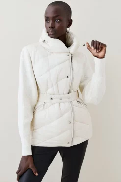 Hot Sale 😍 Karen Millen Wool Blend Knit Sleeve Puffer Belted Jacket ⌛ -Karen Millen Outlet store womens ivory wool blend knit sleeve puffer belted jacket