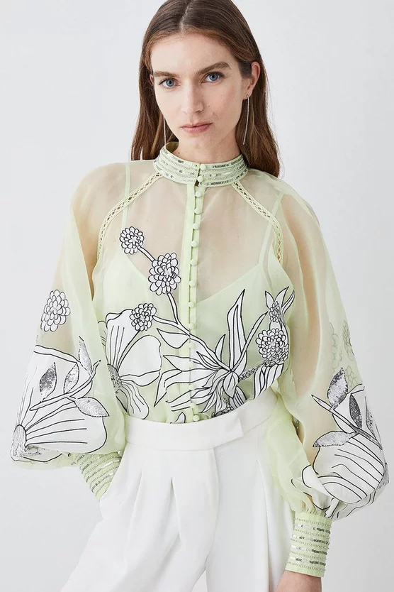 Budget ๐ Karen Millen Floral Applique Organdie Button Woven Blouse ๐งจ 8 Budget ๐ Karen Millen Floral Applique Organdie Button Woven Blouse ๐งจ - Image 6