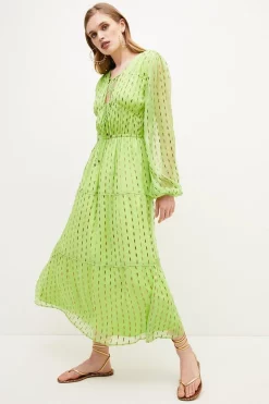 New 🎉 Karen Millen Metallic Gathered Woven Midi 👗 Dress - lime 😍 -Karen Millen Outlet store womens lime metallic gathered woven midi dress
