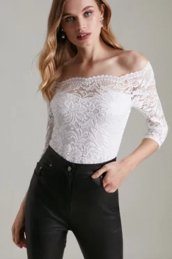 Buy 🎉 Karen Millen Lace Bardot Half Sleeve Jersey Bodysuit 🧨 -Karen Millen Outlet store womens merlot lace bardot half sleeve jersey bodysuit 1