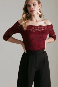 Buy 🎉 Karen Millen Lace Bardot Half Sleeve Jersey Bodysuit 🧨 -Karen Millen Outlet store womens merlot lace bardot half sleeve jersey bodysuit 2