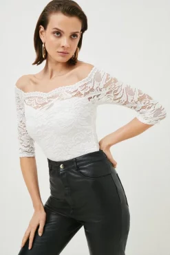 Buy 🎉 Karen Millen Lace Bardot Half Sleeve Jersey Bodysuit 🧨 -Karen Millen Outlet store womens merlot lace bardot half sleeve jersey bodysuit