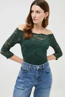 Buy 🎉 Karen Millen Lace Bardot Half Sleeve Jersey Bodysuit 🧨 -Karen Millen Outlet store womens merlot lace bardot half sleeve jersey bodysuit 3
