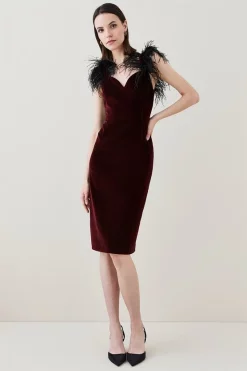 Promo 🛒 Karen Millen Velvet Feather Strap Midi 👗 Dress 🔔 -Karen Millen Outlet store womens merlot velvet feather strap midi dress 1