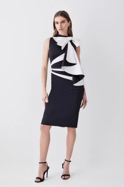 Cheapest 🤩 Karen Millen Italian Structured Satin Bow Pencil Midi 👗 Dress - mono 🎁 -Karen Millen Outlet store womens mono italian structured satin bow pencil midi dress