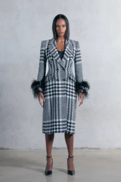 Hot Sale ❤️ Karen Millen Mono Italian 🐶 Dogtooth Feather Cuff Check Fitted 🧥 Coat 👍 -Karen Millen Outlet store womens mono mono italian dogtooth feather cuff check fitted coat