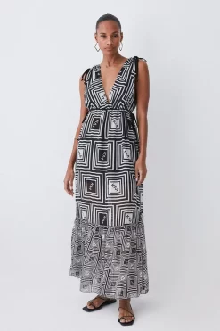 Discount 💯 Karen Millen Silk Viscose Km Logo Tiered Maxi Beach 👗 Dress - mono 🌟 -Karen Millen Outlet store womens mono silk viscose km logo tiered maxi beach dress