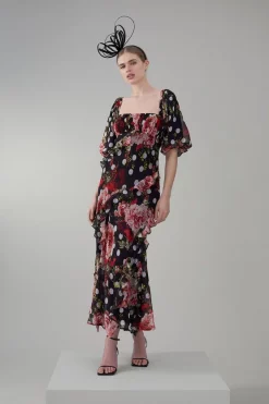 Flash Sale 🎁 Karen Millen Spot Floral Chiffon Square Neck Ruffle Maxi 👗 Dress - multi 😍 -Karen Millen Outlet store womens multi spot floral chiffon square neck ruffle maxi dress