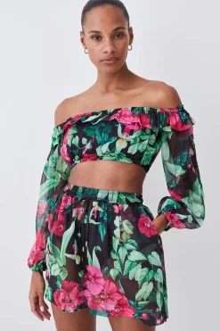 Cheapest ✔️ Karen Millen Tropical Bardot Crop Top Beach Cover Up - multi 🎁 -Karen Millen Outlet store womens multi tropical bardot crop top beach cover up