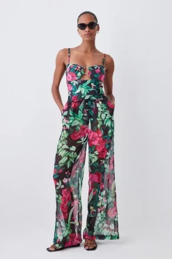 New 🎉 Karen Millen Tropical Printed Wide Leg Beach Trousers - multi 🎉 -Karen Millen Outlet store womens multi tropical printed wide leg beach trousers