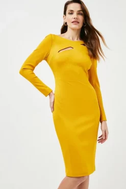Cheapest 🧨 Karen Millen Italian Structured Rib Cross Over Pencil Midi 👗 Dress 🔥 -Karen Millen Outlet store womens mustard italian structured rib cross over pencil midi dress