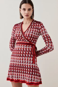 New ⭐ Karen Millen Geo Knit Jacquard Wrap Mini 👗 Dress 🌟 -Karen Millen Outlet store womens natural geo knit jacquard wrap mini dress