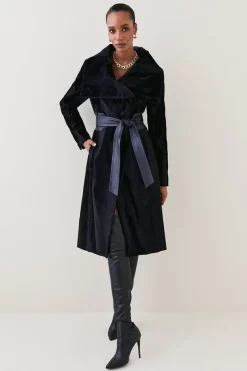 New 🔥 Karen Millen Signature Ponyskin Belted Wrap 🧥 Coat ❤️ -Karen Millen Outlet store womens navy signature ponyskin belted wrap coat 1 1