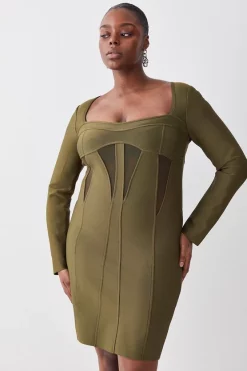 Buy 🌟 Karen Millen Plus Size Mesh Cut Out Bandage Knit Mini 👗 Dress - olive 🥰 -Karen Millen Outlet store womens olive plus size mesh cut out bandage knit mini dress
