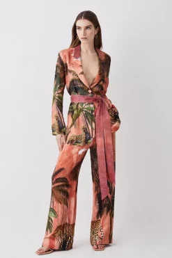Buy ✔️ Karen Millen Petite Satin Palm Printed Woven Trousers - orange 😉 -Karen Millen Outlet store womens orange petite satin palm printed woven trousers